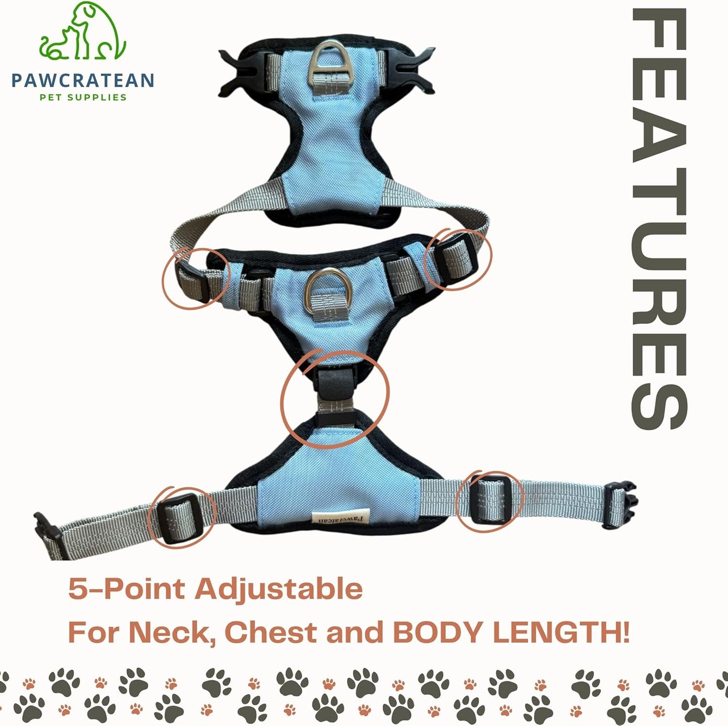 Cat 5-Point Adjustable Harness and Leash Set, Sky Blue Polyester, 5-Point Adjustable Vest with Reflective Lines Prefect for Outdoor Soft Comfortable (Small)