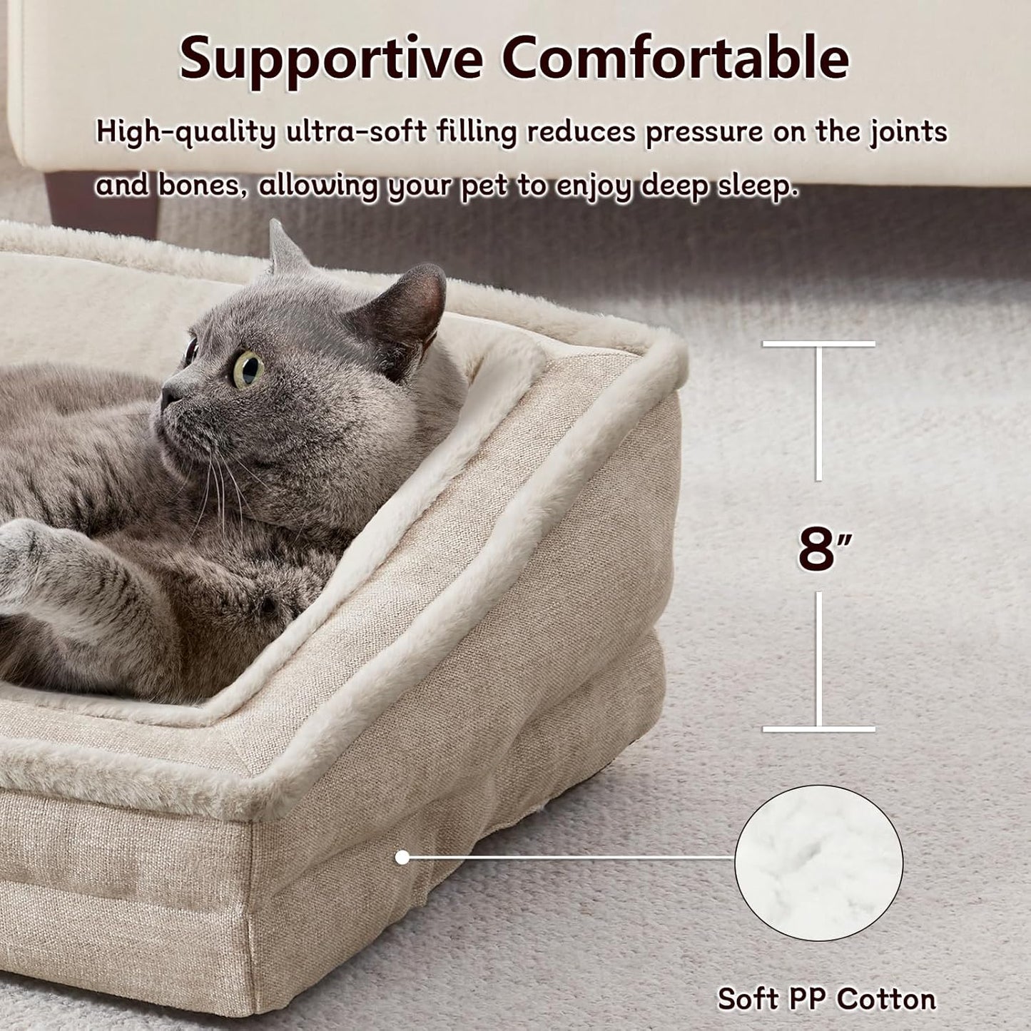 Cat Couch for Pets, Washable Cat Beds for Indoor Cats, Super Soft Plush Supportive Dog Couch Bed for Puppy and Kitten with Anti-Slip Bottom, 24inch, Beige