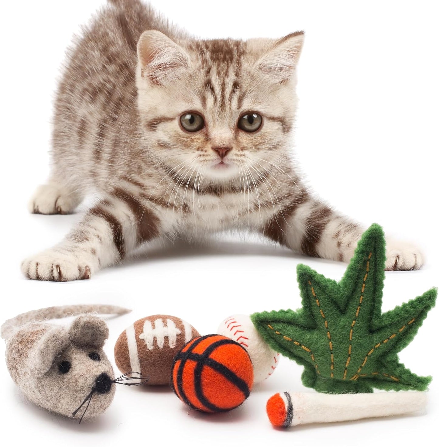 Glaciart One Indoor Catnip Cat Toy Pack - 6pc | Kitty Toys Include Wool Balls, Mouse & Joint Set| for Activity, Exercise & Play | Filled w/Organic Catnip to Excite/Calm Pet | Great Gift Idea