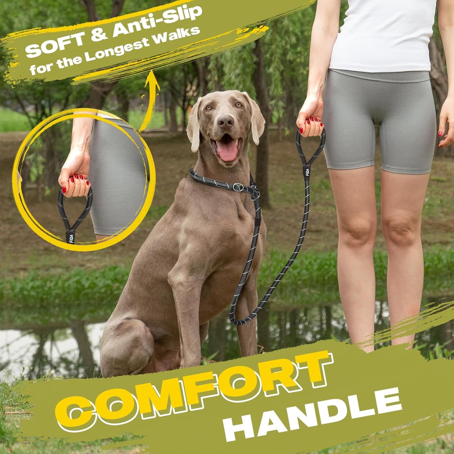 Fida Durable Slip Lead Dog Leash, 6 FT x 1/2" Heavy Duty Dog Loop Leashes, Comfortable Strong Rope Slip Leash for Large Medium Dogs, No Pull Pet Training Lead with Highly Reflective(1/2", Black)