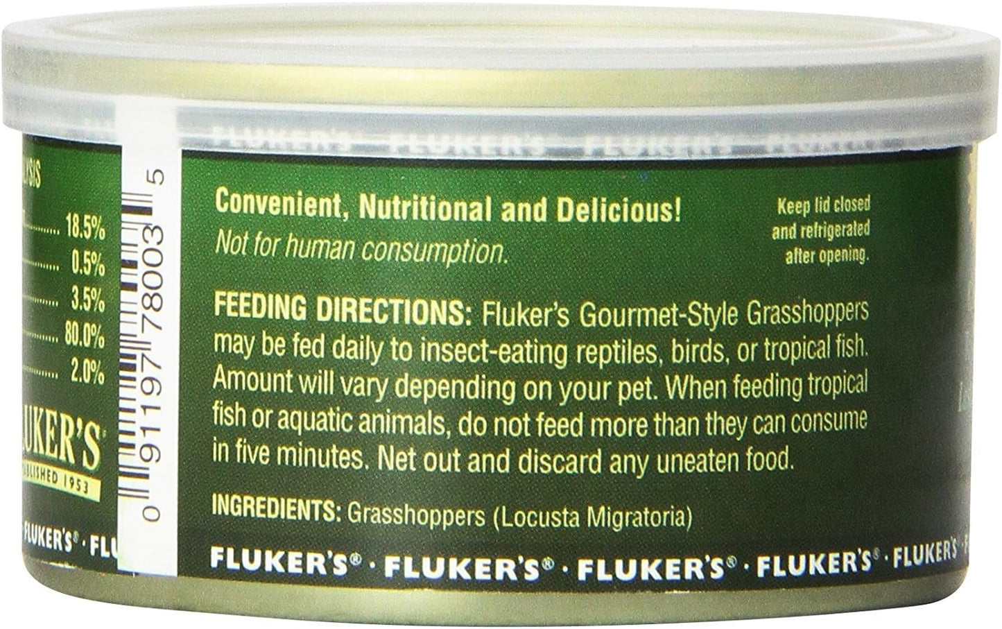 Fluker's Gourmet Canned Food for Reptiles, Fish, Birds and Small Animals, Grass Hoppers 1.2 oz