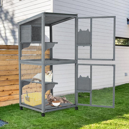 4 Tier Cat Enclosure, 69 Inch Large Catio with Wooden Cabin, Weatherproof Roof, Lockable Caster, Solid Steel, Spacious for Multi-Cat Families, Outdoor and Indoor Use, Grey