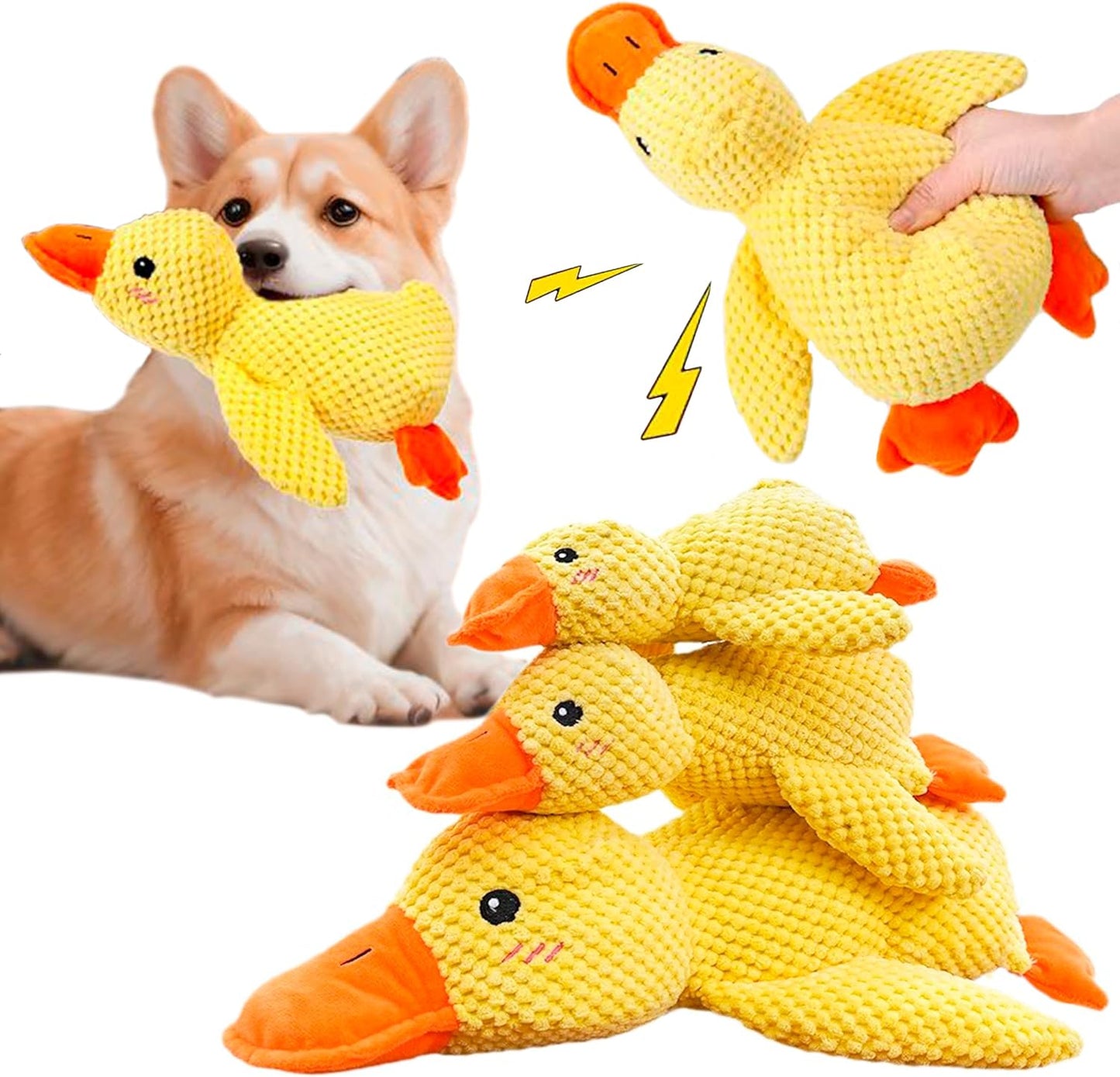 Quack Pack Trio: 3 Adorable Duck Toys Bundle, New Calming Duck Dog and Cat Toy, Emotional Support, Yellow, Plush, Interactive for Boredom, Dog and Cat Companion.