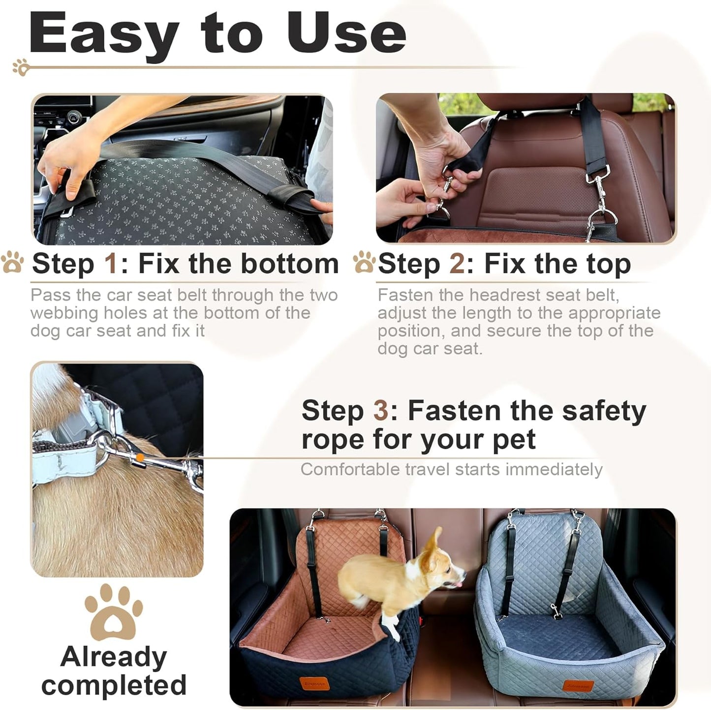 Car Dog Seat with 2 Safety Leashes,Dog Car Booster Seat for Small Medium Dogs 0-28lbs,Pet Travel Safety Bed with Storage PocketsFully Detachable and Easy to Install(S1-Black Outside Brown Inside)