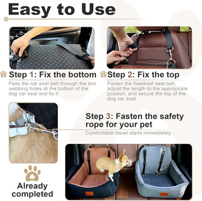 Car Dog Seat with 2 Safety Leashes,Dog Car Booster Seat for Small Medium Dogs 0-28lbs,Pet Travel Safety Bed with Storage PocketsFully Detachable and Easy to Install(S1-Black Outside Brown Inside)