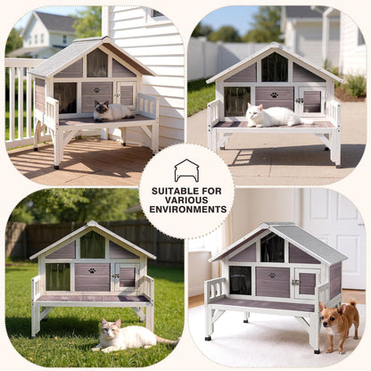 Outdoor Cat House Weatherproof with Balcony - Large Insulated Wooden Shelter for Multiple Cats, All-Weather Feral Cat Shelter for Winter