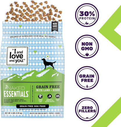 I and love and you Naked Essentials Dry Dog Food - Lamb + Bison - High Protein, Real Meat, No Fillers, Prebiotics + Probiotics, 4lb Bag
