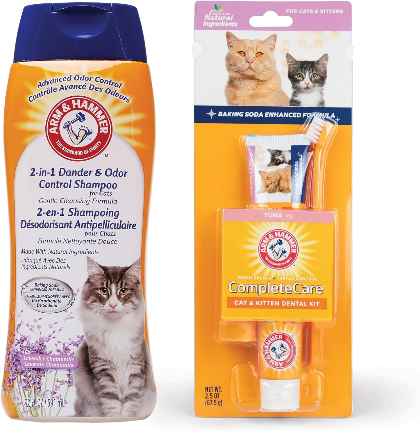 Arm & Hammer 2-in-1 Cat Shampoo & Complete Care Dental Kit Bundle – Dander Reducing Cat Shampoo, Lavender Chamomile Scent (20 Fl Oz) & Tuna Flavor Enzymatic Toothpaste with Toothbrush Set