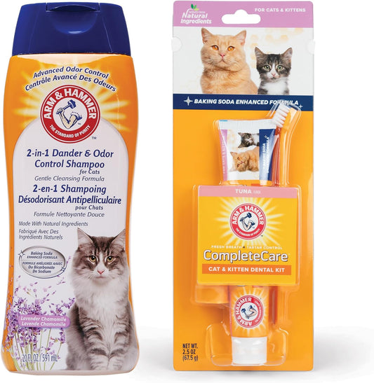 Arm & Hammer 2-in-1 Cat Shampoo & Complete Care Dental Kit Bundle – Dander Reducing Cat Shampoo, Lavender Chamomile Scent (20 Fl Oz) & Tuna Flavor Enzymatic Toothpaste with Toothbrush Set