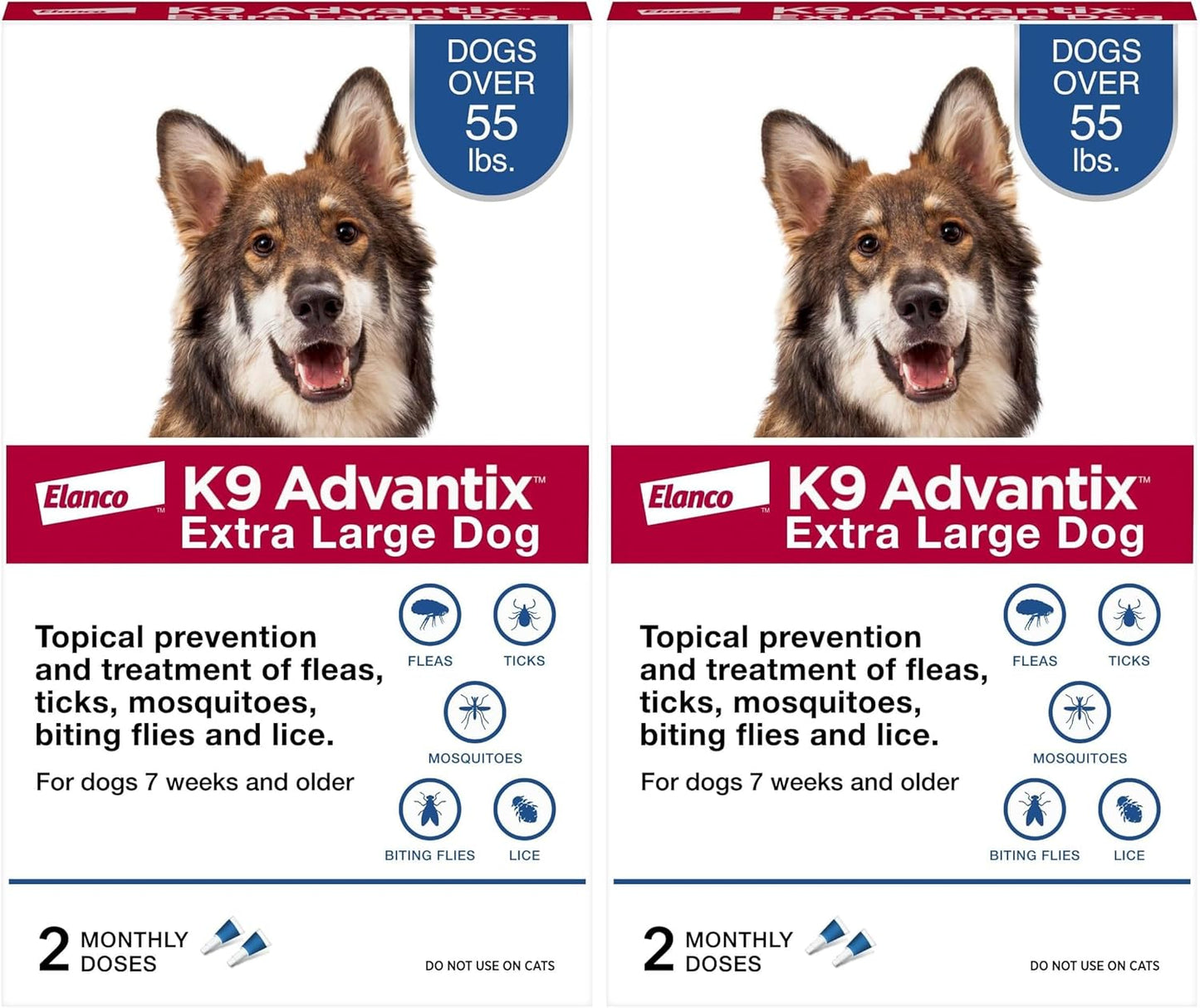 K9 Advantix Flea, Tick & Mosquito Prevention for Dogs Over 55 lbs. | Flea Drops for Extra Large Dogs | Apply Monthly | 4 Treatments (Pack of 2)