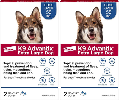 K9 Advantix Flea, Tick & Mosquito Prevention for Dogs Over 55 lbs. | Flea Drops for Extra Large Dogs | Apply Monthly | 4 Treatments (Pack of 2)