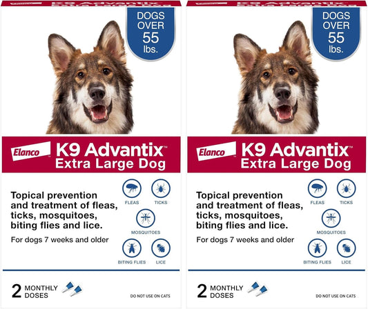 K9 Advantix Flea, Tick & Mosquito Prevention for Dogs Over 55 lbs. | Flea Drops for Extra Large Dogs | Apply Monthly | 4 Treatments (Pack of 2)