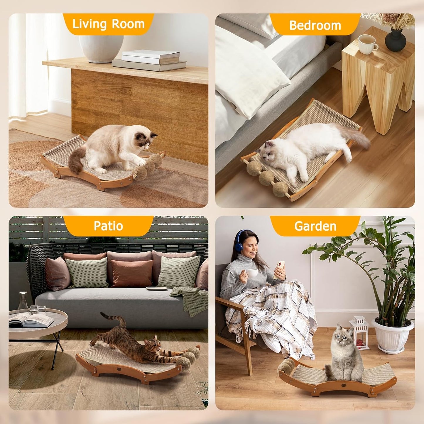 Extra-Larger Sisal Cat Scratcher Bed with Ball, 3-in-1 Cat Scratching Pad with Hammock, Natural Sisal with Solid Wood Frame Cat Scratch Post for Indoor Cats Lounger & Sleep & Scratch