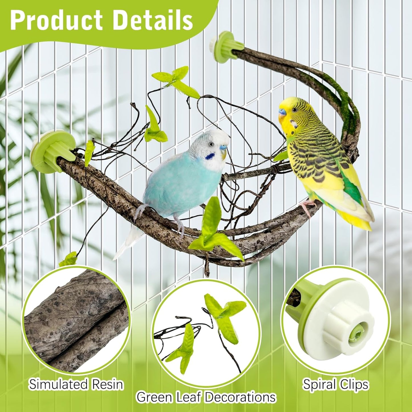 PINVNBY 2 Pcs Bendable Bird Perches & Wooden Perch Simulation Branch Parrot Perch Stand with Green Leaf Hanging Paw Grinding Fork Cage Accessories for Parakeet Budgie Finch Cockatiel Conure (Large)