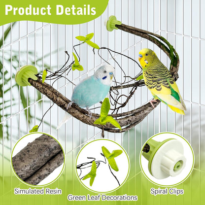 PINVNBY 2 Pcs Bendable Bird Perches & Wooden Perch Simulation Branch Parrot Perch Stand with Green Leaf Hanging Paw Grinding Fork Cage Accessories for Parakeet Budgie Finch Cockatiel Conure (Large)
