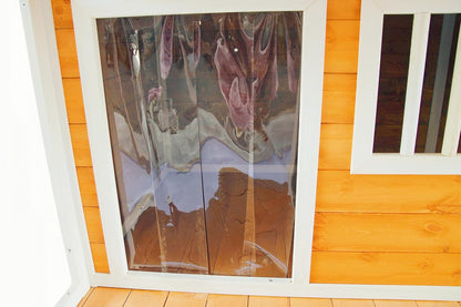 Indoor-Outdoor Wooden Dog House, Porch, Asphalt Roof, Plastic Door Curtain, Ventilation Windows, Brown, Weatherproof, Small to Medium Dog, Puppy Kennel