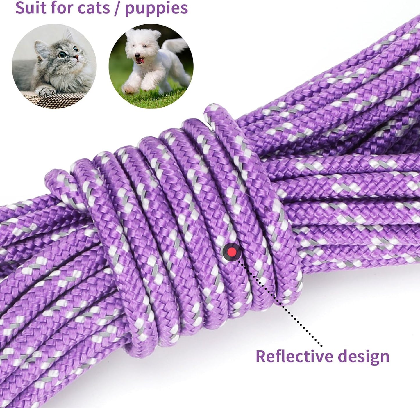 Rypet Reflective Cat Long Leash - 15 FT Escape Proof Walking Leads Yard Long Leash Durable Safe Personalized Extender Leash Traning Play Outdoor for Kitten, Puppy, Rabbit and Small Animals(Purple-S)