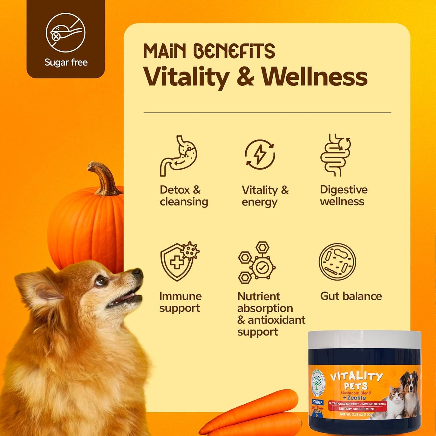 Vitality Pets – Natural Multivitamin Powder for Dogs & Cats with Zeolite clinoptilolite, Pumpkin & Mushroom Blend – Immune & Digestive Support – 100g for All Breeds & Sizes