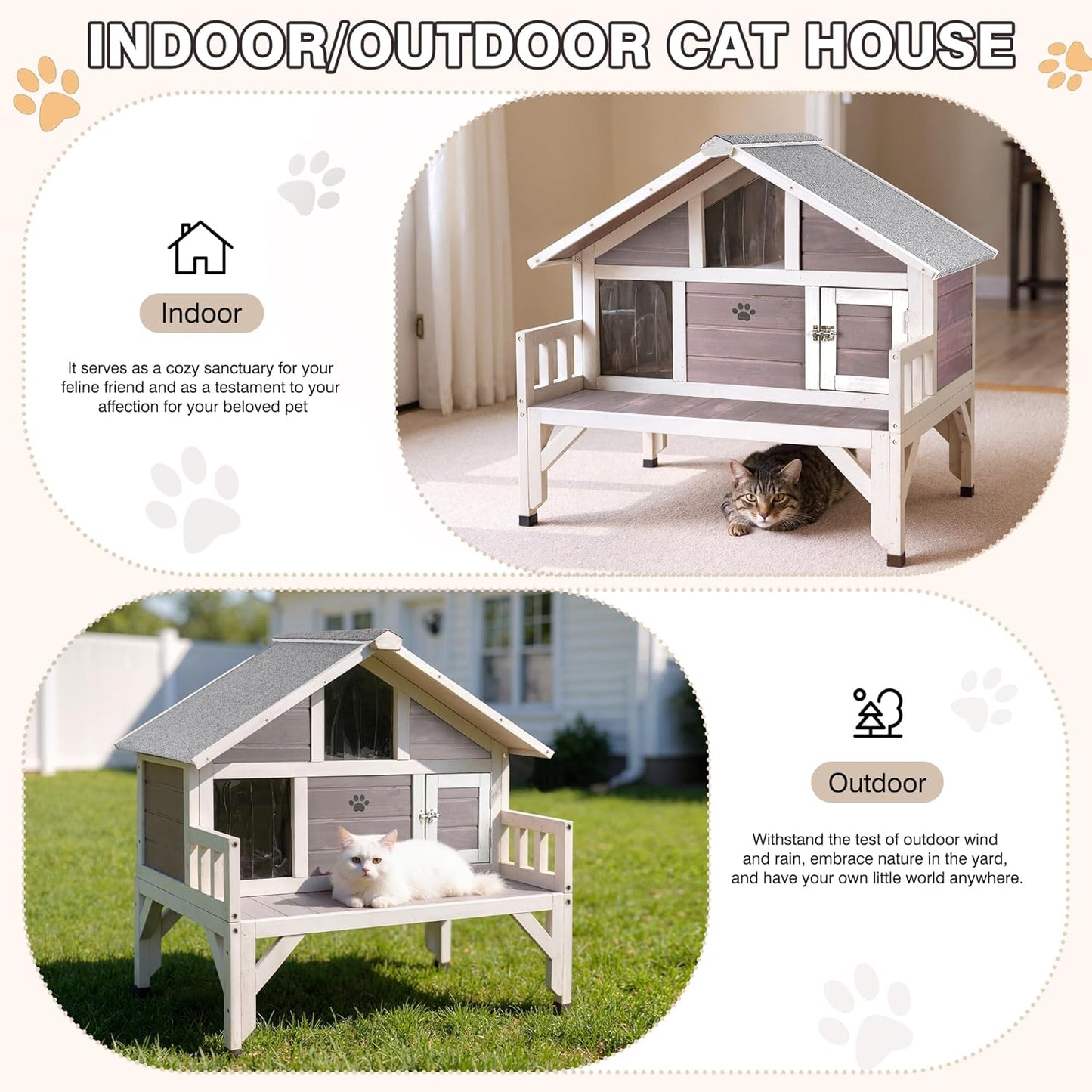Outdoor Cat House Weatherproof with Balcony - Large Insulated Wooden Shelter for Multiple Cats, All-Weather Feral Cat Shelter for Winter