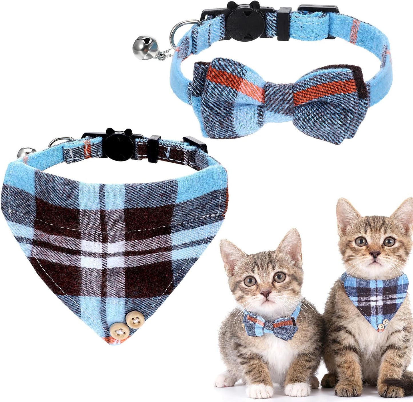 2 Pcs Cat Bandana, Cat Tie Collar with Bells Breakaway Kitten Collars Adjustable Safety Pet Collars for Cats Puppy and Small Pets