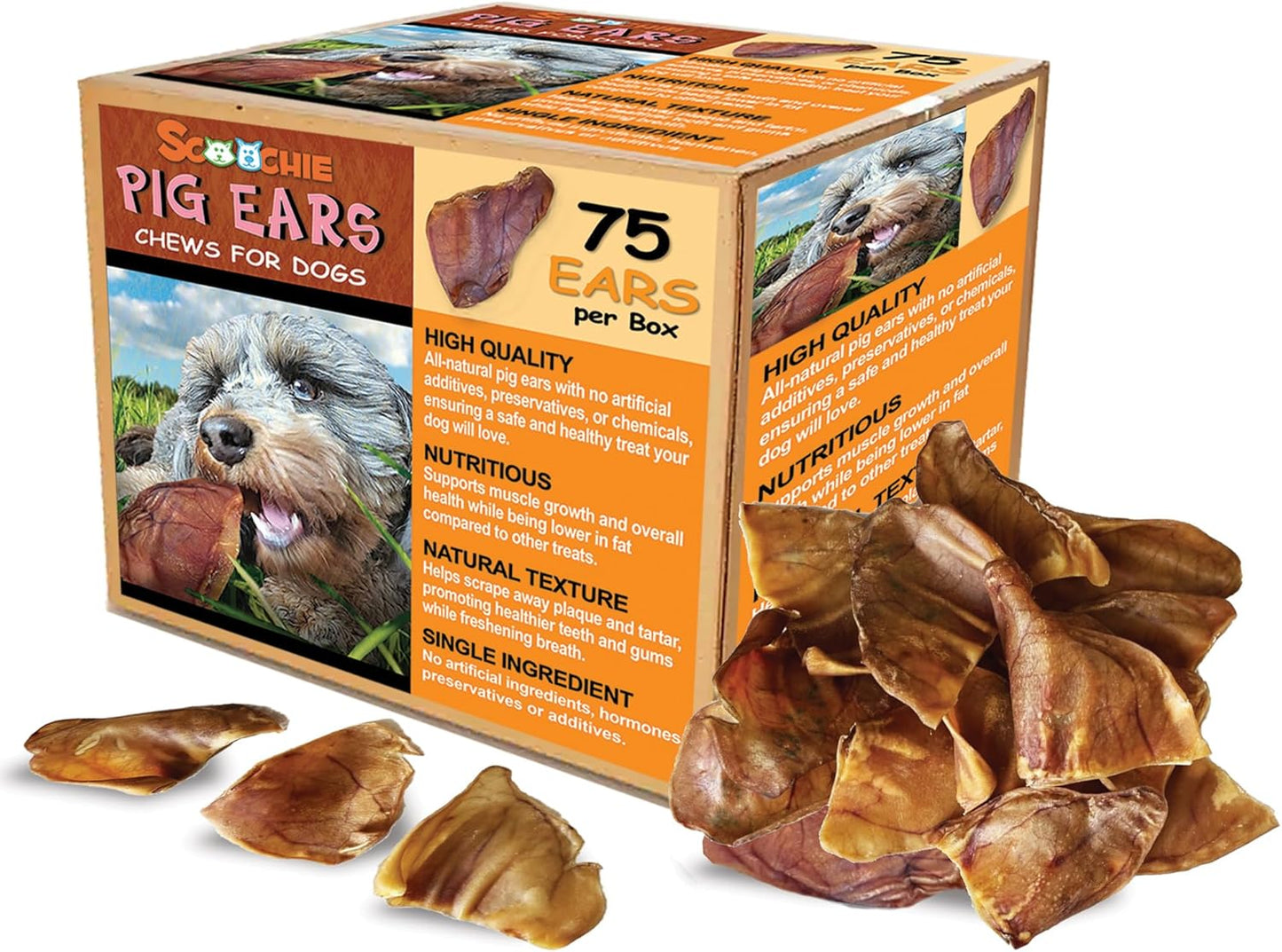 Scoochie Pet Brazilian Pig Ears - All-Natural Dog Chews, Pig Ears for Dogs, Chemical-Free, Long-Lasting Treat - 75 Count
