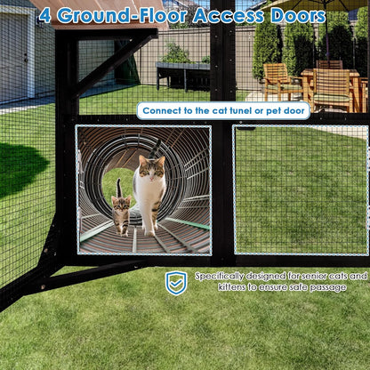 FunXplore 71.1" L Large Cat Catio Outdoor Cat Enclosure Window Acess, Walk-in Cat Cage Cat House for Multiple Indoor Outdoor Cats, Outside Patio 6 Doors Weatherproof Roof
