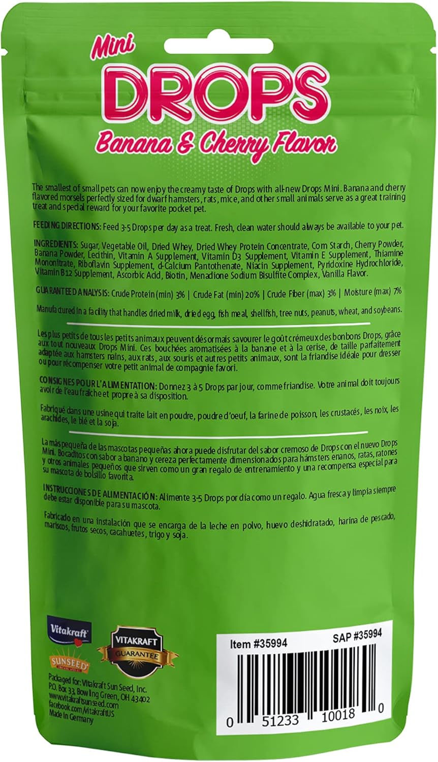 Vitakraft Mini Drops Cherry Banana Treats for Hamsters Rats Mice and Small Pets - Wholesome Small Animal Snacks with Real Fruit Flavor and Nutrient-Rich Goodness - 2.5 Ounce Pack