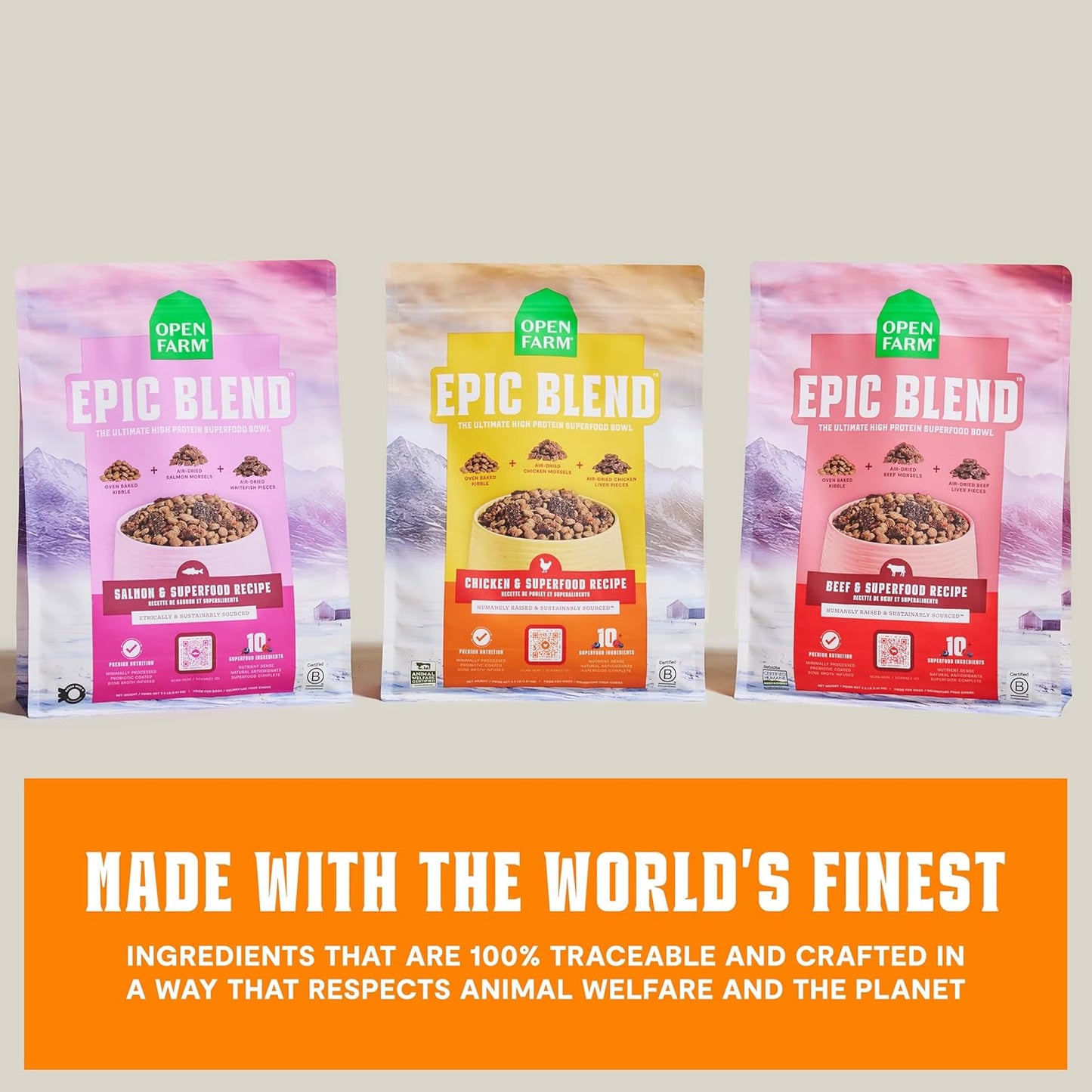 Open Farm, Epic Blend High Protein Dry Dog Food, Probiotic Coated & Bone Broth Infused Kibble with Air Dried Meat & Organs, Minimally Processed & Nutrient Dense, Chicken & Superfood Recipe, 18lb Bag