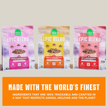 Open Farm, Epic Blend High Protein Dry Dog Food, Probiotic Coated & Bone Broth Infused Kibble with Air Dried Meat & Organs, Minimally Processed & Nutrient Dense, Chicken & Superfood Recipe, 18lb Bag