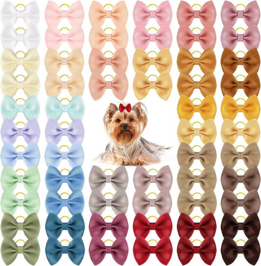 60Pcs(30pairs) Cute Puppy Dog Small Hair Bows with Rubber Bands Dog Bowknot Hair Bows Handmade Yorkie Doggie Dog Grooming Bows for Girls Small Dog Puppy Pet Hair Costume Accessories