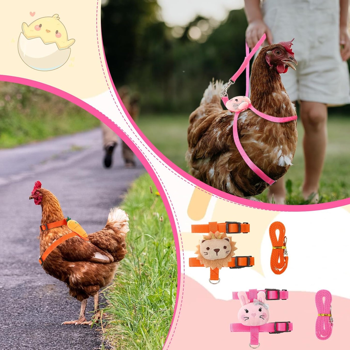 6 Pcs Adjustable Chicken Harness with Leash Cute Pattern Adjustable Walking Rope Outdoor Traction Rope for 2.5–3.6 Lb Chicken Goose Hen Duck Rabbit Small Animals