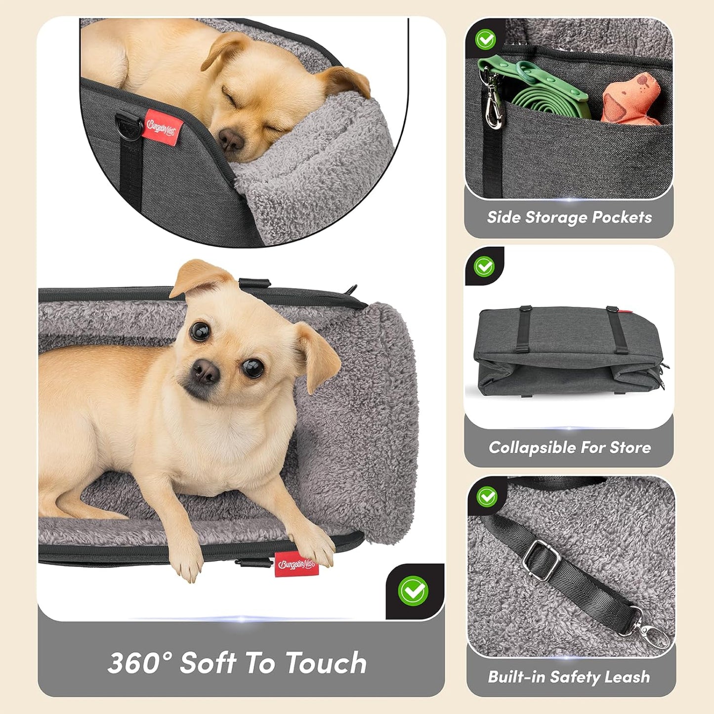 BurgeonNest Center Console Small Dog Car Seat - Portable Pet Cat Puppy Booster Armrest Carseat Up to 11lbs, Anti-Collapse Comfort Car Travel with Washable Fluffy Cushion and Pillow, Grey