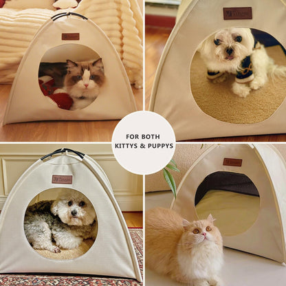 All-Season Cat Tent for Indoor/Outdoor, Assembly-Free Waterproof Cat House Bed with Removable Cushion, Cozy Cave for Cats & Small Dogs (Small, White)