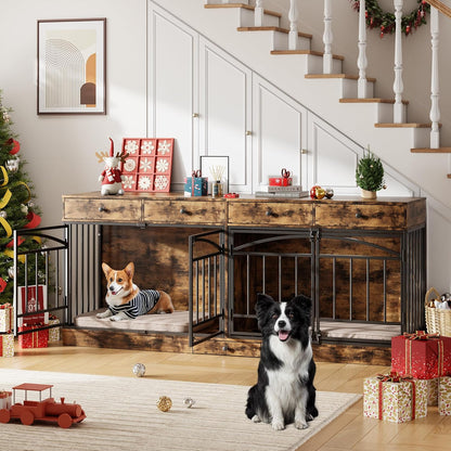 GarveeHome Dog Crate Furniture for 2 Dogs, Dog Kennel Indoor with 4 Storage Drawers and Feeding Bowls, Double Dog Crate TV Stand for Small Medium Dogs, Brown