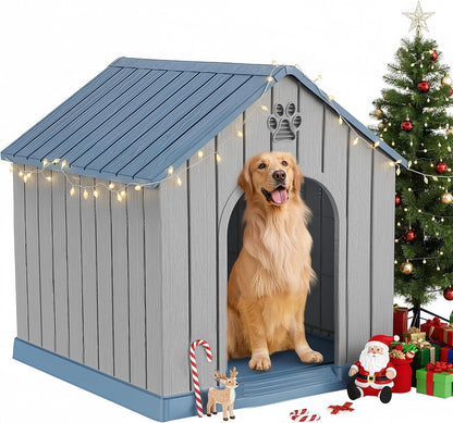 DRATO Large Dog House Indoor Outdoor Waterproof,Puppy Shelter with Air Vents and Elevated Floor,Sturdy Dog Kennel for Small to Large Sized Dogs, Easy to Assemble (Blue, 38.62×36.26×38.07 Inches)