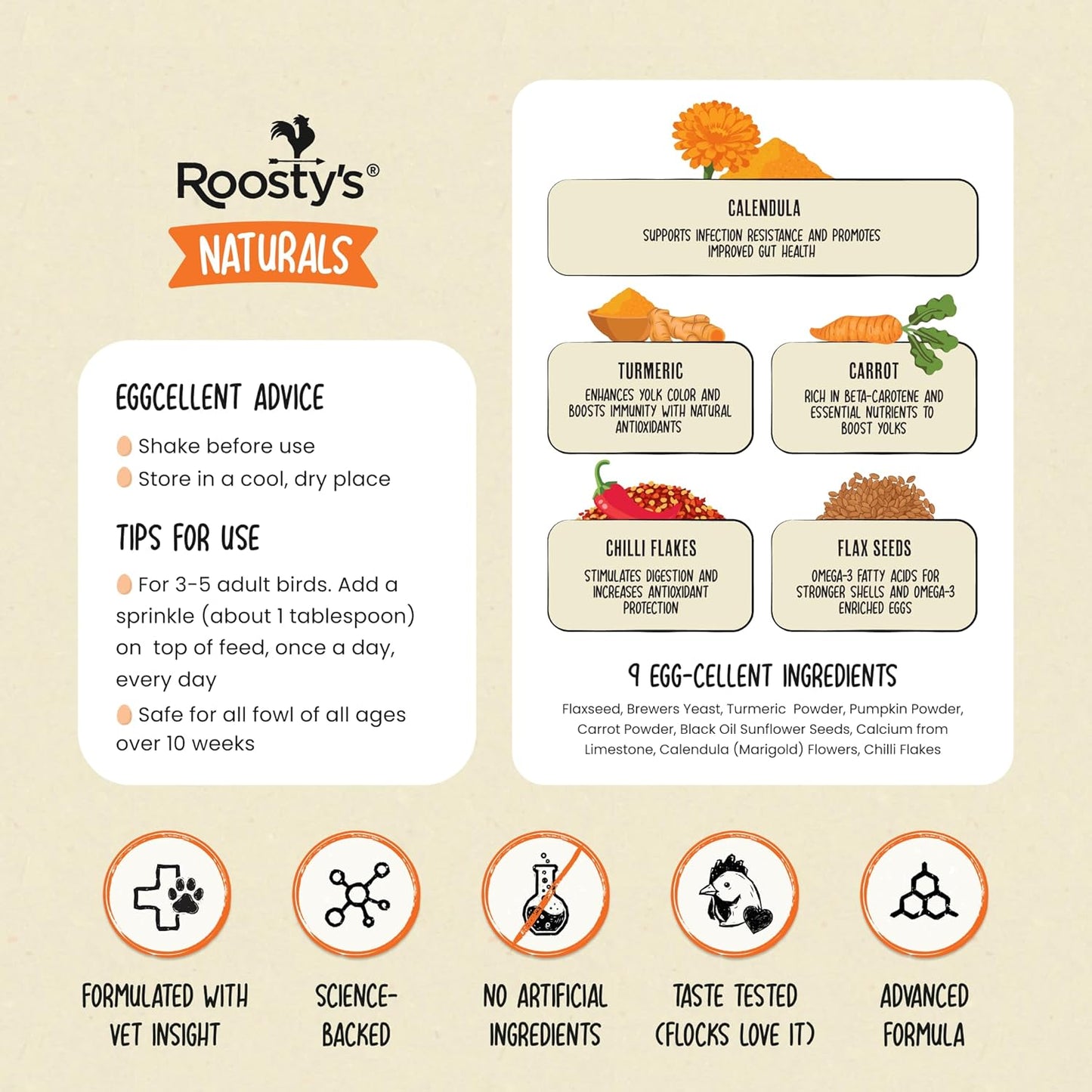 Roosty's Gold Dust Daily Egg Booster - Golden Yolks and Stronger Shells - All Natural Omega-3 Rich - US Made Chicken Supplement - Chicken Health Supplies