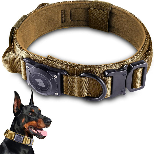2025 Upgrade Waterproof AirTag Dog Collar, Military Tactical Dog Collar with AirTag Holder, Comfortable Control Handle and Metal Buckle, GPS Dog Collar Holder for Medium to Large Dogs (Khaki,L)
