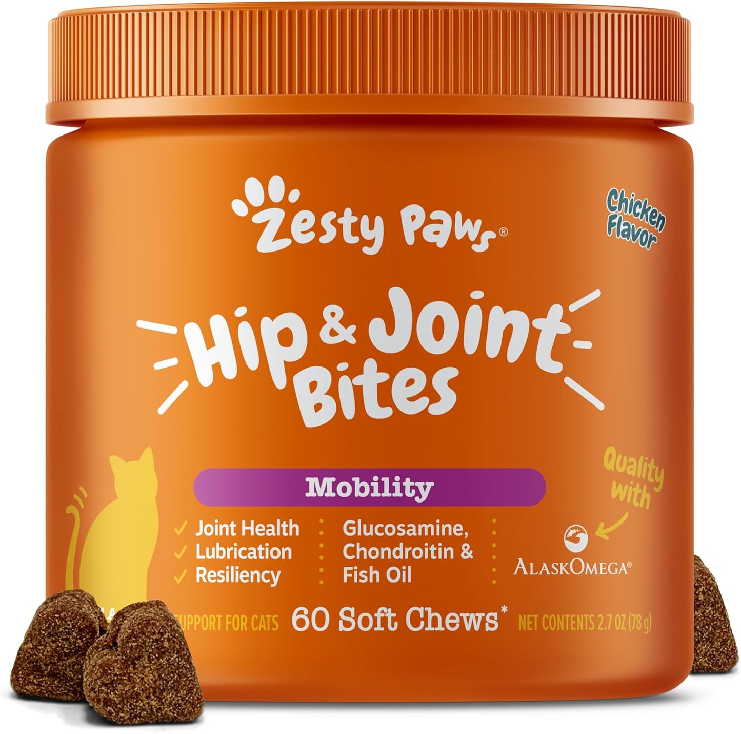 Zesty Paws Hip & Joint Bites for Cats - Glucosamine for Cats - with Chondroitin, Turmeric - Cat Joint Supplement for Hip & Joints - AlaskOmega Fish Oil with Omega-3 Fatty Acids - 60 Count