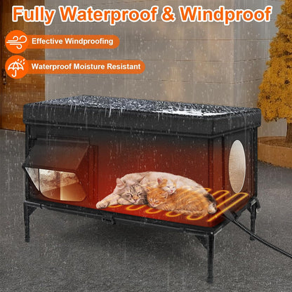 Heated Outdoor Cat House Weatherproof with Heating Pad, Heated Cats House for Outside, Insulated Feral Cat Houses for Outdoor Cats with Safe Escape Door, Elevated Outside Stray Cats Shelter(L)