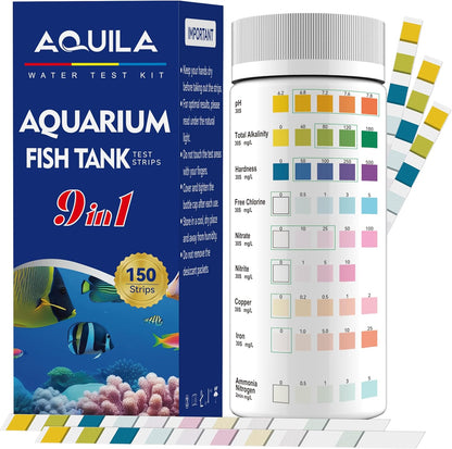 Aquarium Water Test Kit 9-in-1, Aquarium Ammonia Test Strips for Fish Tanks and Ponds, 150 Strips Testing pH Total Alkalinity Hardness Chlorine Nitrite Sulfate Copper Iron for Fresh and Salt Water