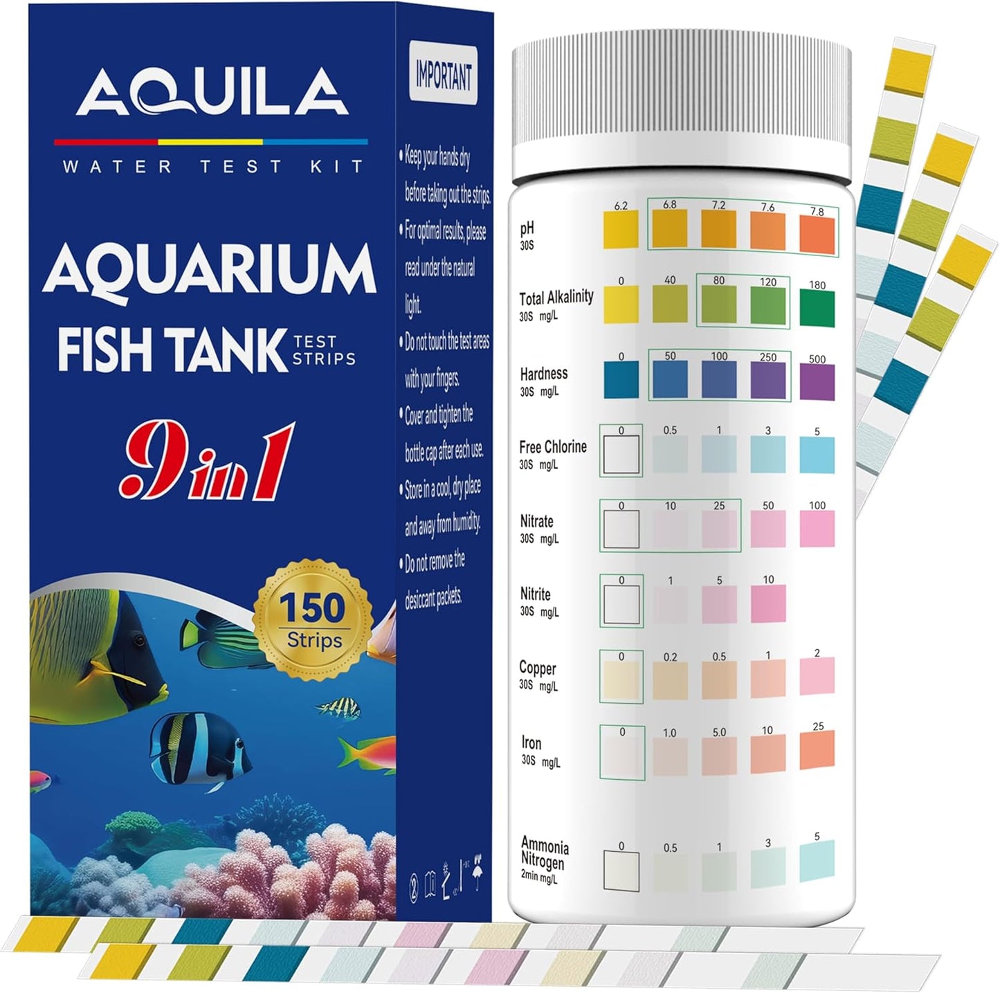 Aquarium Water Test Kit 9-in-1, Aquarium Ammonia Test Strips for Fish Tanks and Ponds, 150 Strips Testing pH Total Alkalinity Hardness Chlorine Nitrite Sulfate Copper Iron for Fresh and Salt Water