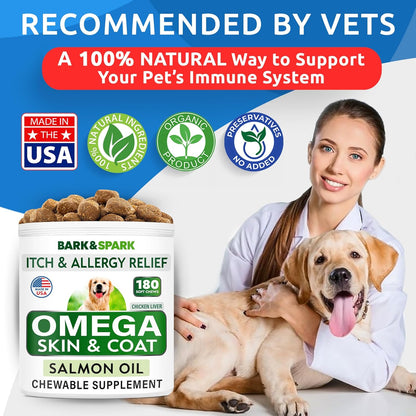 BARK&SPARK Omega 3 for Dogs - 180 Fish Oil Treats for Dog Shedding, Skin Allergy Chews, Itch Relief, Hot Spots Treatment - Joint Health - Skin and Coat Supplement - EPA & DHA Fatty Acids - Salmon Oil