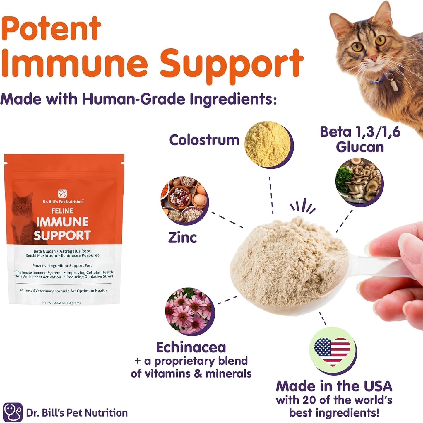 Dr. Bill’s Feline Immune Support | Boosts Cat Immunity and Health with Colostrum, Beta Glucan, Turkey Tail Mushroom, Zinc & Vitamin C | Powder Supplement for Cats of All Ages