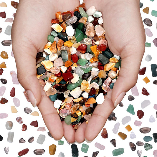 Mixed Crushed Crystal Chips Bulk 1lb 1200+Pcs Assorted Tumbled Stone Chips Natural Polished Mixed Chakra Aquarium Gravel Rocks for Plants Terrarium Supplies Fish Tank Gravel Pebbles Vase Filler