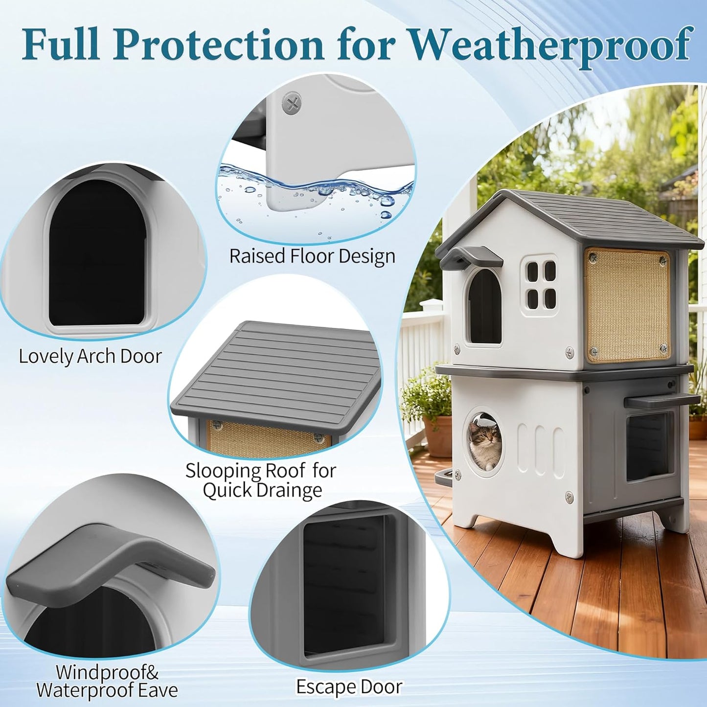 Cat House Outdoor Weatherpoof Plastic Cats Houses with Elevated Cat Bowls, Cat Scratch Pads and Escape Door, 2-Story Indoor Waterproof Feral/Pet Cat Shelter Outside for Multiple Cats, Grey