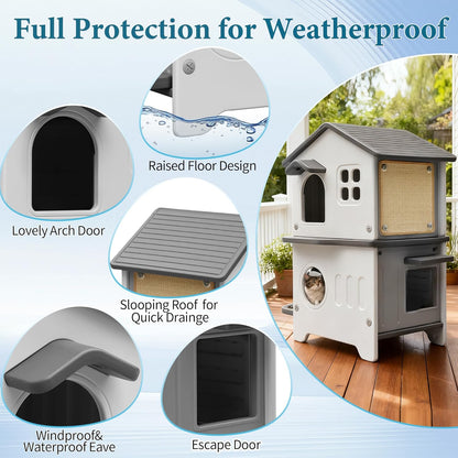 Cat House Outdoor Weatherpoof Plastic Cats Houses with Elevated Cat Bowls, Cat Scratch Pads and Escape Door, 2-Story Indoor Waterproof Feral/Pet Cat Shelter Outside for Multiple Cats, Grey