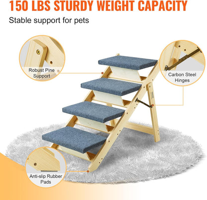 VEVOR Wood Pet Stairs/Pet Steps, 2-in-1 Foldable Wooden Dog Stair for Beds, Sofa and Cars, Dog Stairs & Ramp with 4 Steps for Small Medium Large Pet, up to 150 lbs