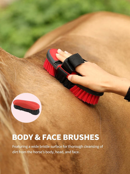 Harrison Howard Horse Grooming Kit 9-Piece Equine Care Series Horse Brush Sets with Organizer Tote Bag Tack Room Supplies Shedding Grooming Massaging Tools Red