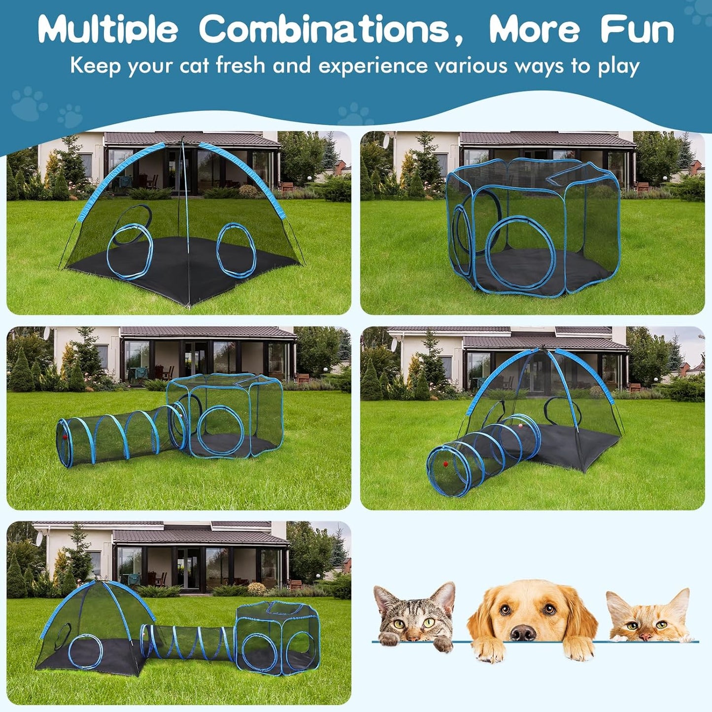 Outdoor Cat Enclosure, 3-in-1 Catio Outdoor Cat Enclosure with Tunnel for Outside and Indoor, Cat Tent Portable Catio Pet Playpen with Storage Bag for Kitty and Small Animals