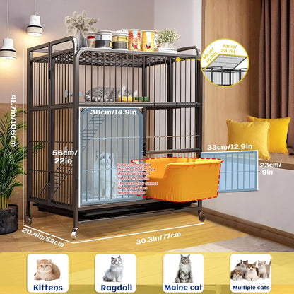 Collapsibles Cat Cages Indoor,Portable Cats Enclosures 2/3/4-Tier,Heavy-Duty Cat Playpens with Universal Wheels,Large Metal Animal cage Pet Crate No Assemblys Required (Black, 2-Tier (No Litter Box))